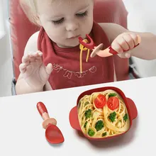 Cuchara de silicona para niños pequeños, juego de utensilios de cocina auxiliar, tenedor suave Flexible para aprender a comer