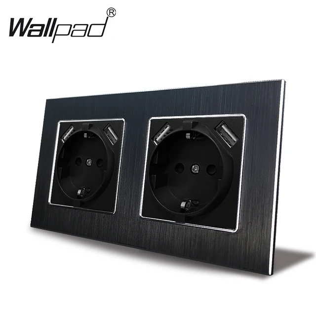 Double EU Schuko Power Socket with Double USB Charging Ports 5.1DC 2.1A For EU Round Box Wallpad 156*86mm EU Outlet with USB 2 Black Metal
