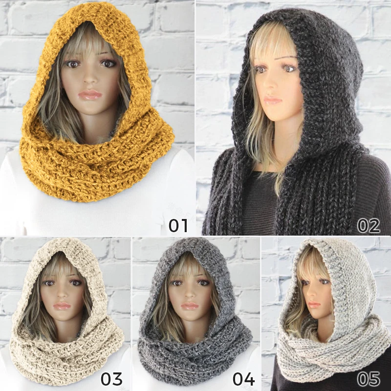 Women Winter Warm Crochet Knit Hood Scarf Outdoor Windproof Long Shawl Wrap Solid Color Earflap Hat Neck Warmer women winter crochet knit hood for infinity scarf outdoor windproof warm long shawl wrap solid color earflap hat neck dropship