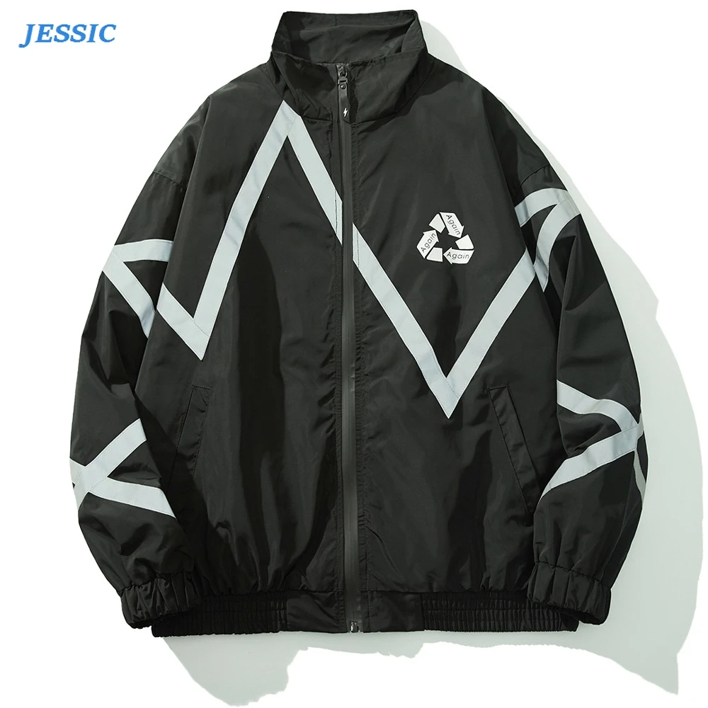 

JESSIC Reflective Striped Zip Up Jackets Men Hip Hop Casual Outwear Fluctuation Sport Jacket Male Fashion Tops