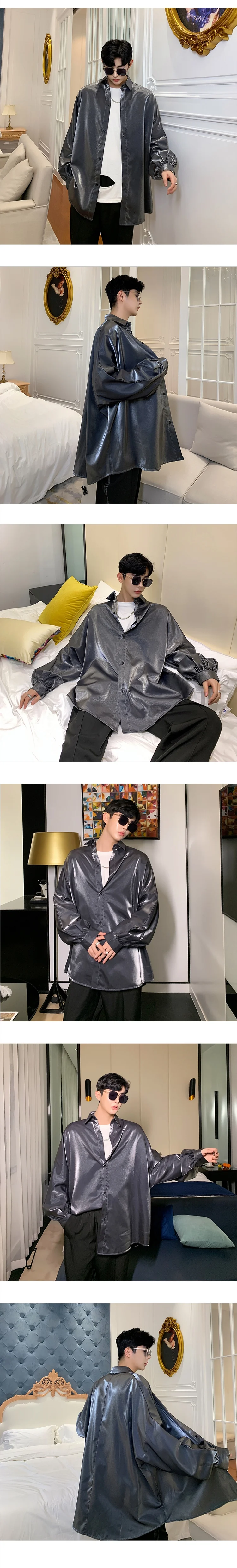 Осенняя Модная шелковая мужская рубашка с длинными рукавами винтажная негабаритная Блузка мужская хип-хоп готическое панк блестящее платье рубашки