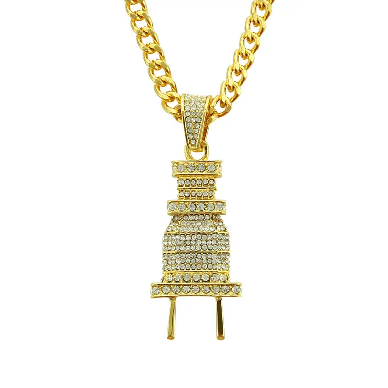 

Iced Out Bling Men Micro Pave Full Rhinestone Plug Pendant Necklace Gold Plated Charm Cuban Chain Hip Hop Jewelry