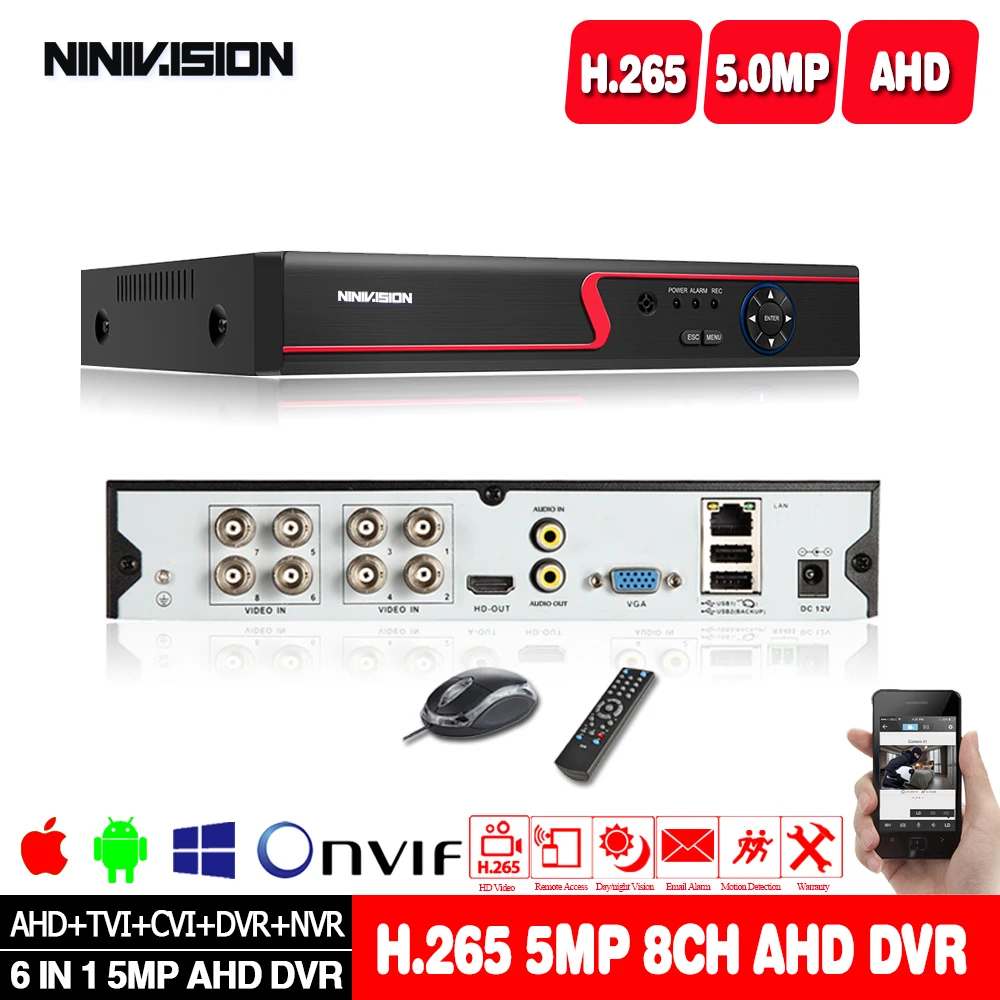 Видеорегистратор NINIVSION Home 5 Мп HD 4 канала 8 каналов AHD DVR TVI CVI NVR 6 в 1 CCTV 5.0мп HDMI