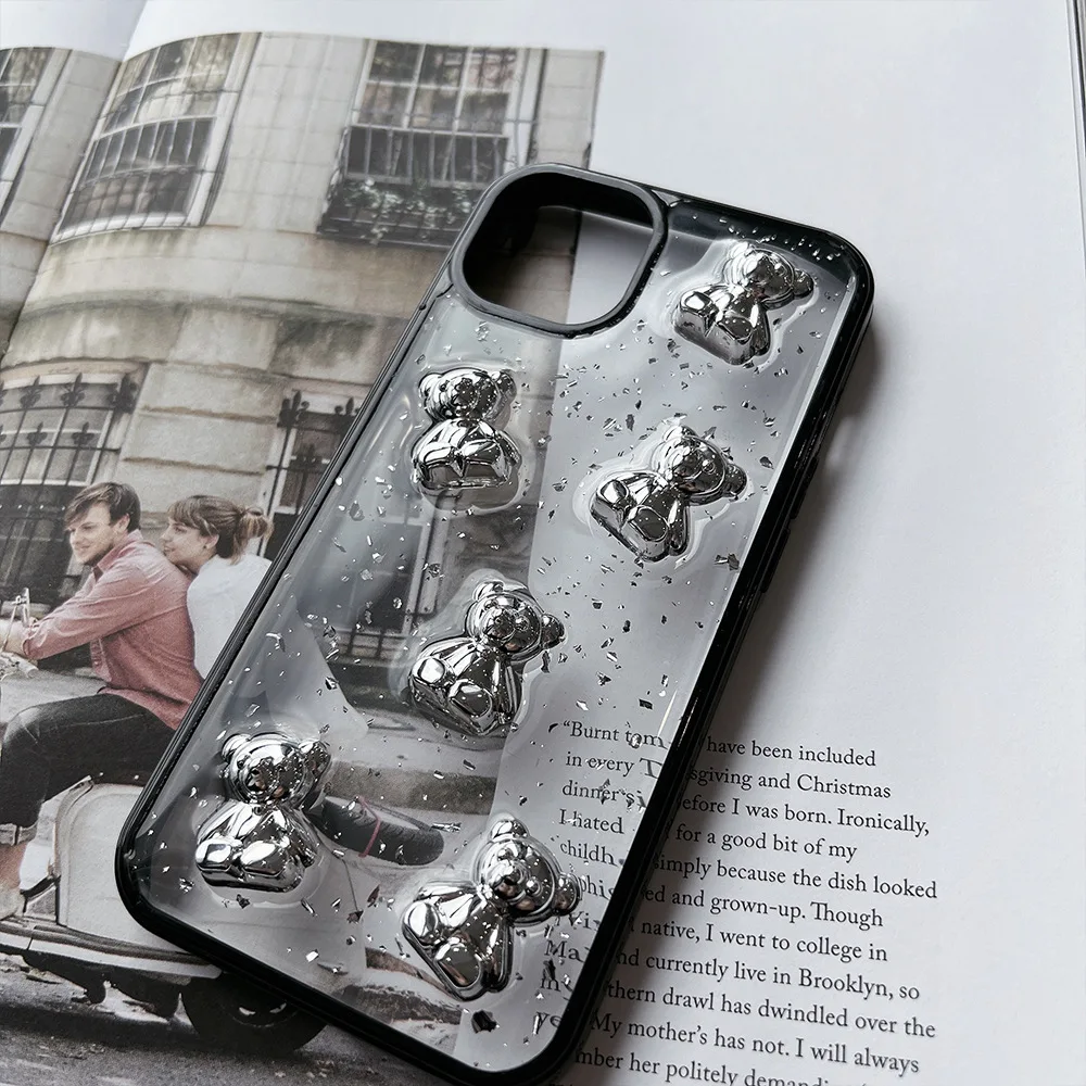Retro kawaii silver foil bear transparent Phone Case For iPhone 13 11 12 Pro Max Xs Max XR 7 8 Plus X 7Plus case Cute Soft Cover