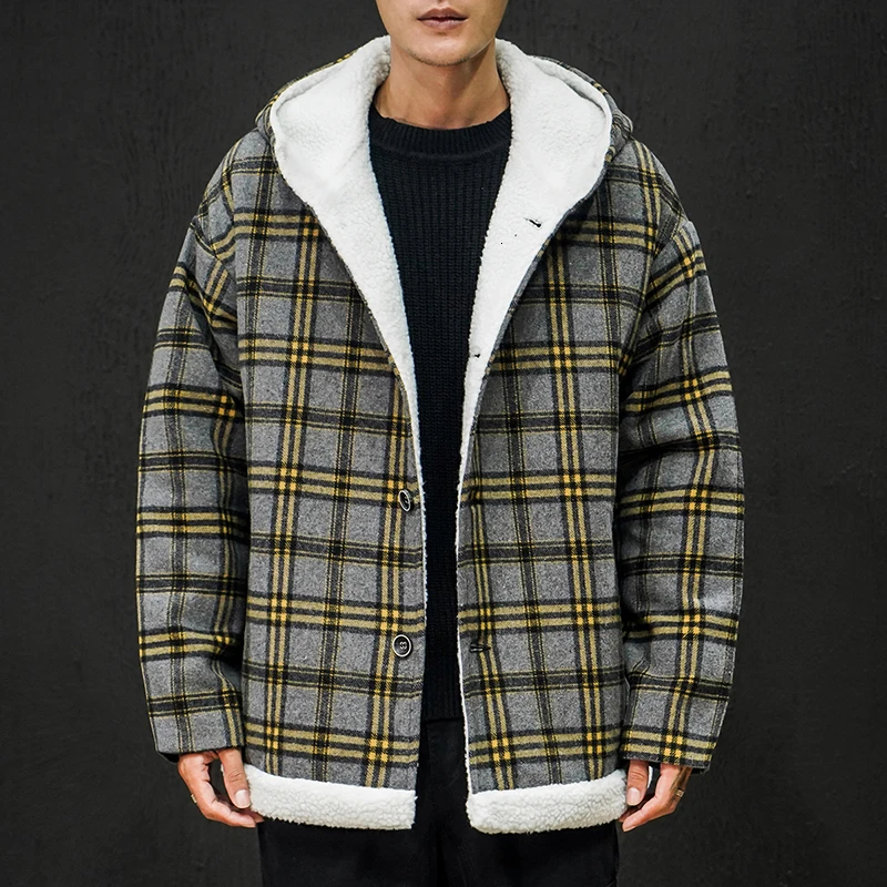 SOUL OF TIGER, корейская мода, Мужская винтажная клетчатая парка, мужская повседневная Свободная куртка с капюшоном, зимнее теплое меховое пальто большого размера XXXXXL - Цвет: Серый