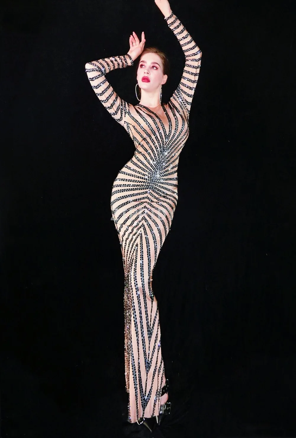 Модное платье с длинным рукавом, стразы, черный цвет, для девушек, для выпускного вечера, для танцев, для бара, для женщин, для певицы, платье для дня рождения, для празднования