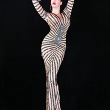 Модное платье с длинным рукавом, стразы, черный цвет, для девушек, для выпускного вечера, для танцев, для бара, для женщин, для певицы, платье для дня рождения, для празднования