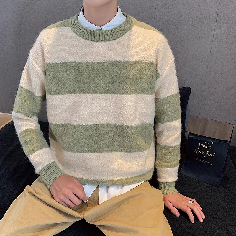Autumn Striped Sweater Men Warm Slim Fashion Contrast Color Casual Knit Sweater Man Streetwear Long-sleeved Pullover Men Clothes