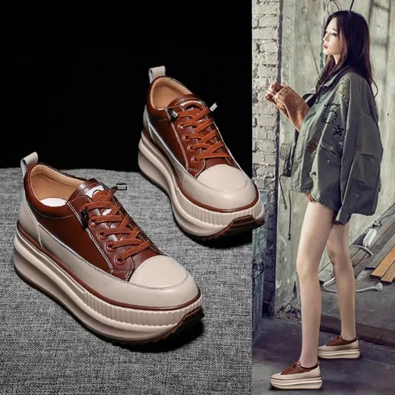 Zapatillas de deporte gruesas de Invierno para Mujer, zapatos vulcanizados informales cálidos, botas con plataforma alta, 7CM, con cordones, deportivas de cuero