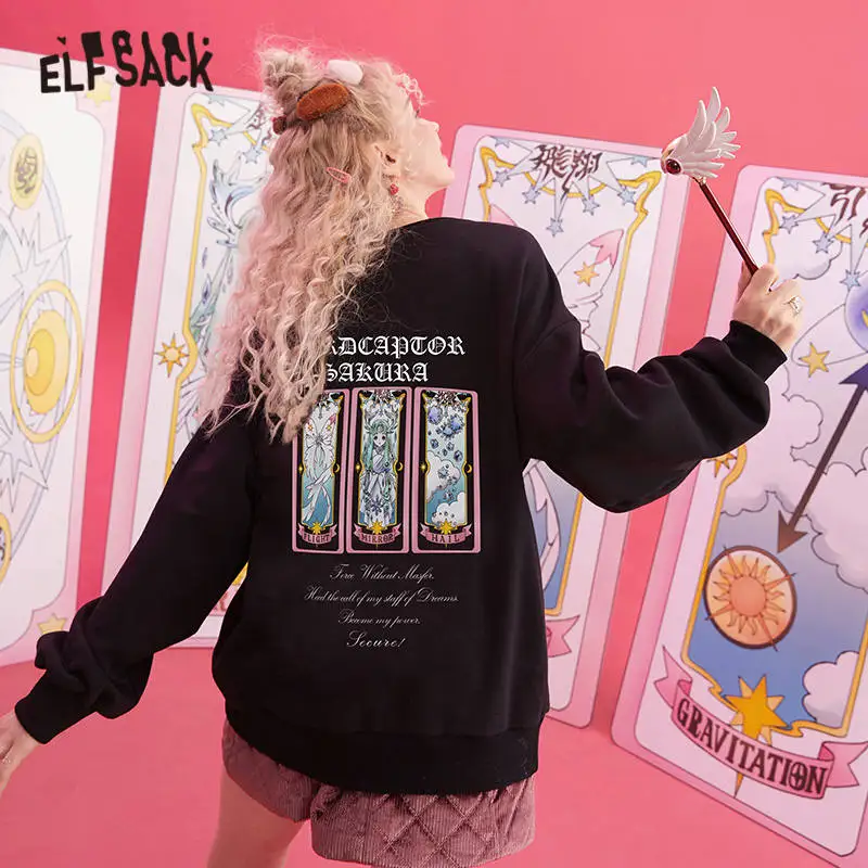 ELFSACK, розовые, одноцветные, с мультяшным принтом, повседневные толстовки для женщин,, зима, чистая вышивка, шнурок, длинный рукав, корейский Женский Повседневный Топ