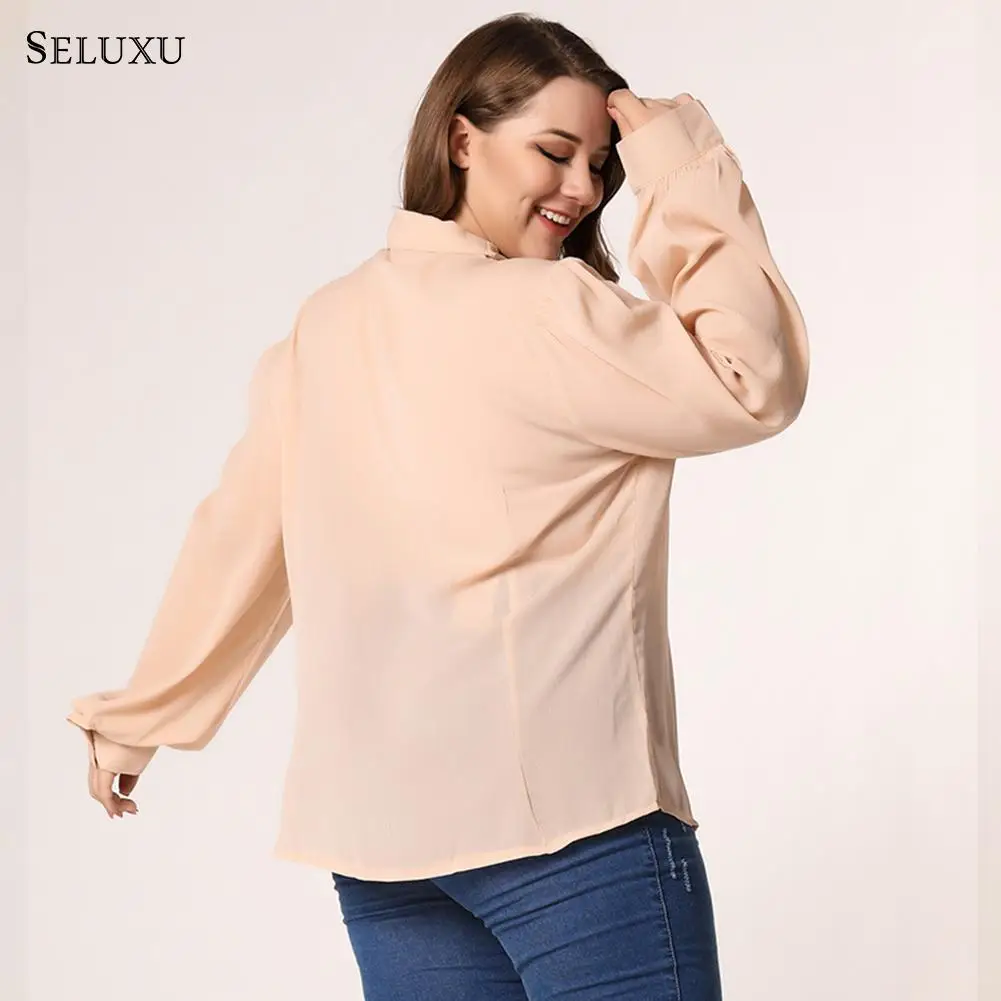 Seluxu, женские блузки, шифон размера плюс, топы, женские, длинный рукав, Круглый ворот, коммутируют рубашки, большие размеры, повседневные топы