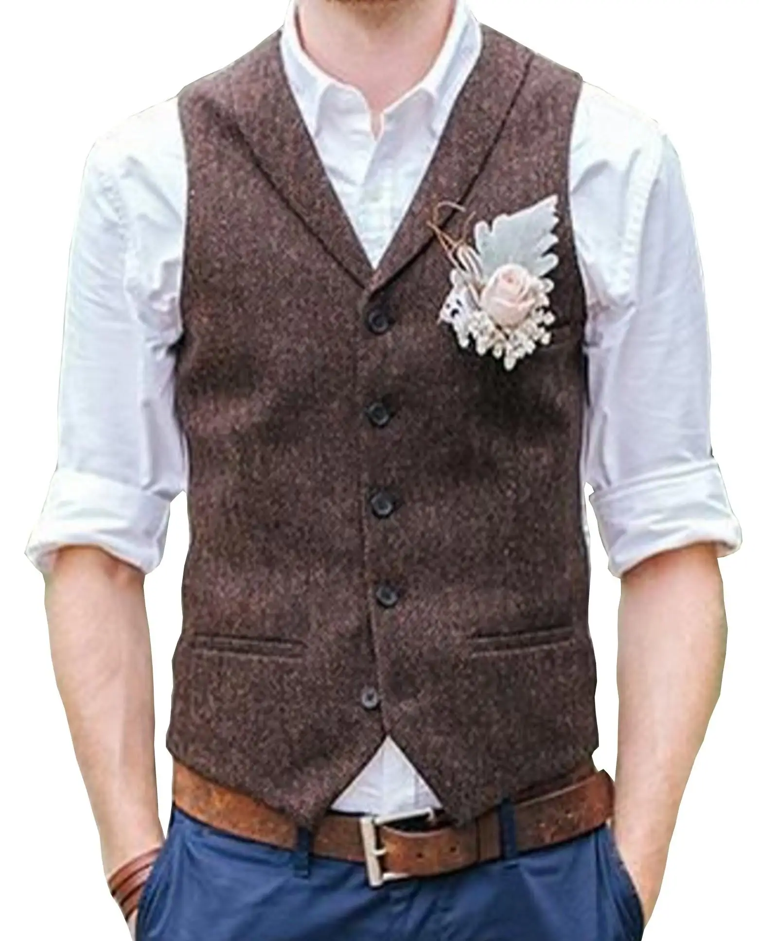 Vintage Brown tweed Vests Herringbone Made Men's Suit Tailor Slim Fit Blazer Wedding Suits for Men