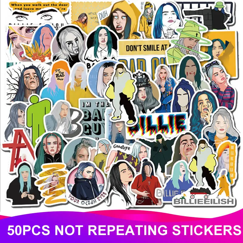 50 шт. упаковка мультфильм Billie Eilish стикер Водонепроницаемая гитара из ПВХ велосипед багаж мотоцикл скейтборд Vsco Девушка Дети стикер s игрушка