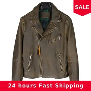 

2020 Vintage Brown Men American Motorcycle Leather Jacket Europe Size XL Genuine Cowhide Slim Fit Biker's Leather Coat