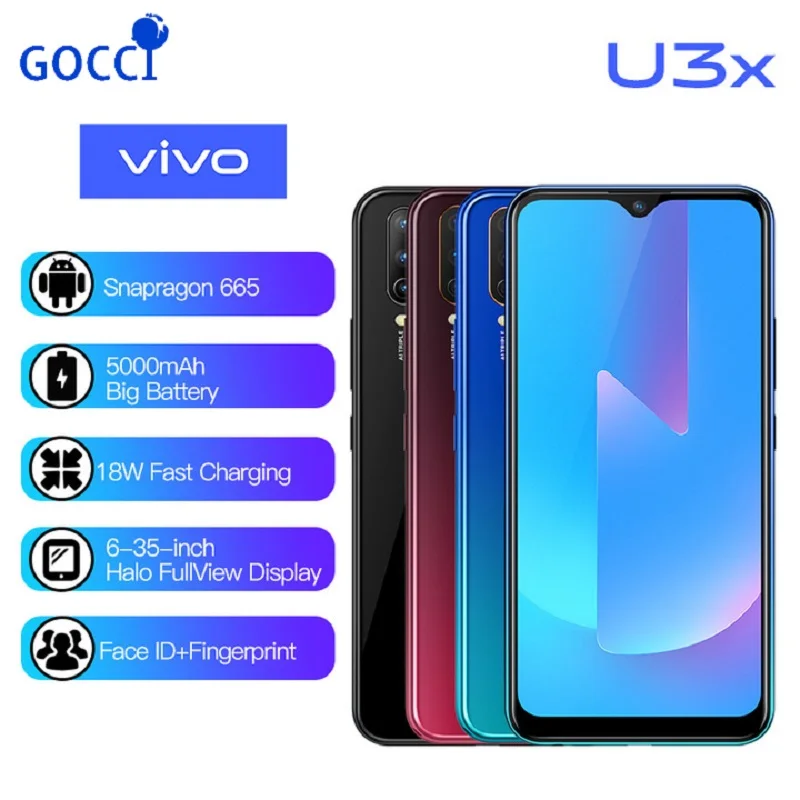 vivo U3x мобильный телефон Snapdragon665 6,3" экран 5000 мАч большая батарея 3 Гб 32 Гб 13,0 МП камера тройной мобильный телефон