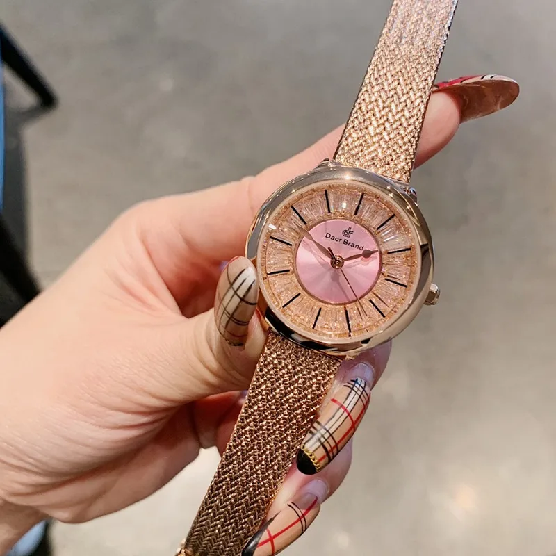 Olive Band Pink Супер тонкий Миланский Браслет, полностью стальные часы для женщин, блестящие циркониевые кристаллы, наручные часы, водонепроницаемые кварцевые аналоговые часы - Цвет: Olive Band Pink