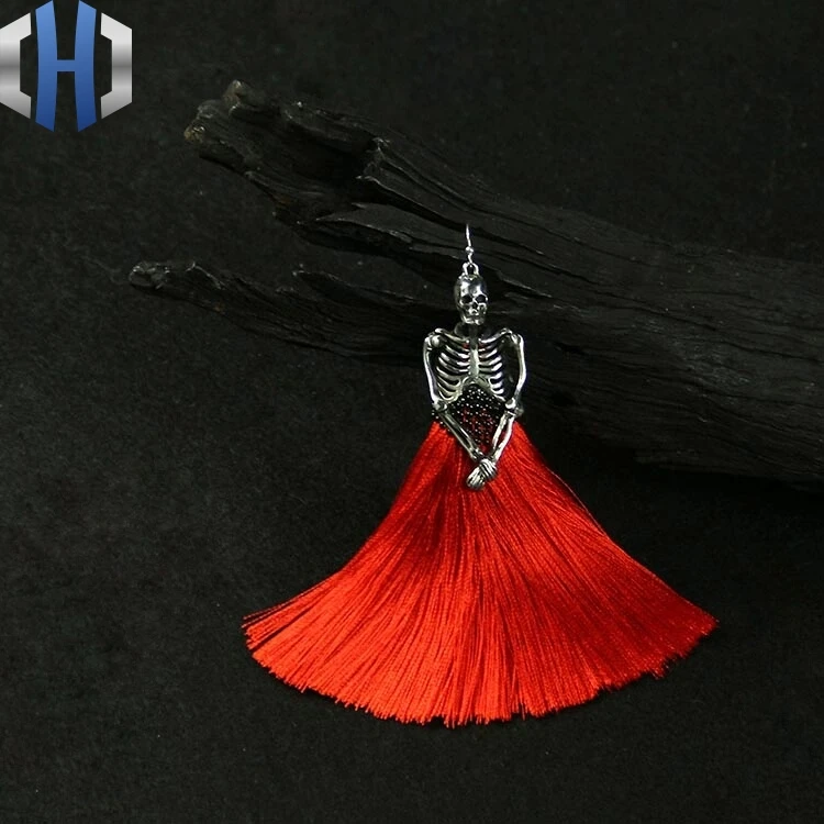 Original Hand Made Skull Earrings 925 Sterling Silver Men And Women Personality Red Tassel Earrings