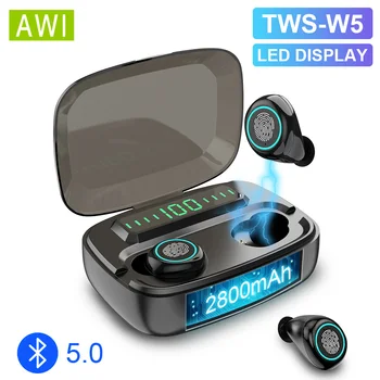 

AWI W5 TWS Bluetooth 5.0 Earphones Wireless Earbuds Stereo Bass Headset LED Phone Holder In-ear Earbuds 2800mAh Power Bank