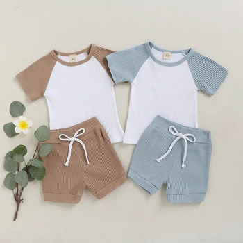 

2020 new arrival children baby clothes toddler girl T-shirt suit summer boy pants shorts rib patchwork baby suit pajamas
