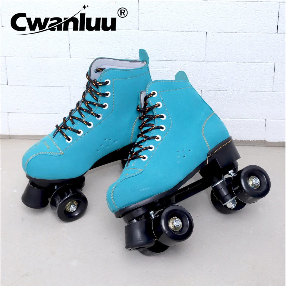 Artificial Leather Blue Green Roller Skates 4 Wheels Black Skates Shoes