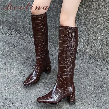 

Meotina Women Long Boots Shoes Block Heels Slip On Knee High Boots Square Toe High Heel Fashion Boots Lady Autumn Beige Size 40