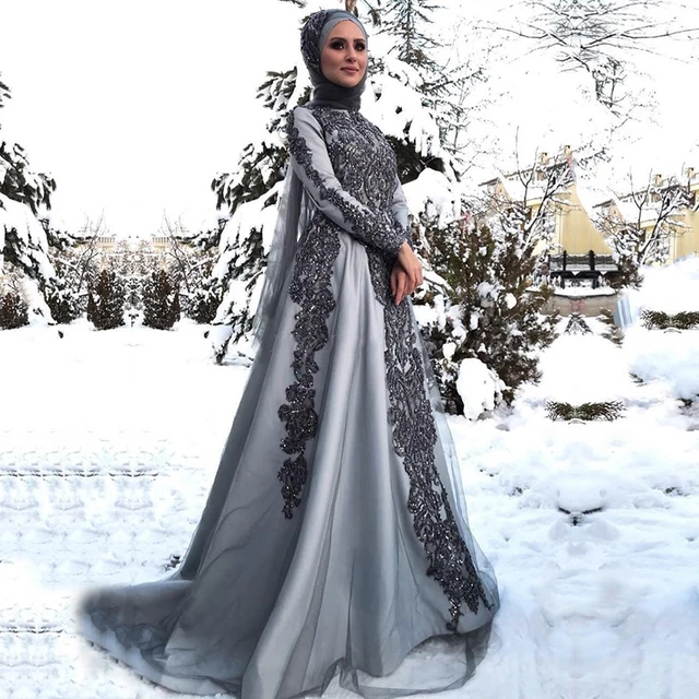 Muslim Evening Dresses 2020 Long Sleeves Hijab Grey Arabic Prom Dress In Dubai Appliques Beaded Women Formal Wedding Party Gowns Evening Dresses Aliexpress