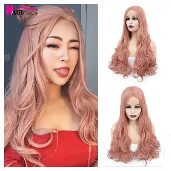 

24inch Long Wavy Hair Synthetic Lace Front Wig For Women Heat Resistant Fiber Cosplay Wig Glueless Pink Color Hair Expo City