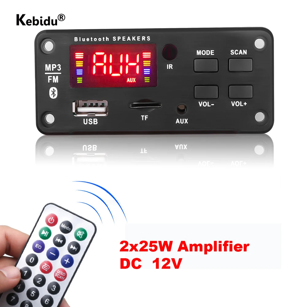 Placa decodificadora inalámbrica con Bluetooth 5,0, amplificador de 2x25W, 12V, MP3, WMA, módulo de Audio, USB, FM, TF, Radio, entrada AUX, pantalla grande para coche