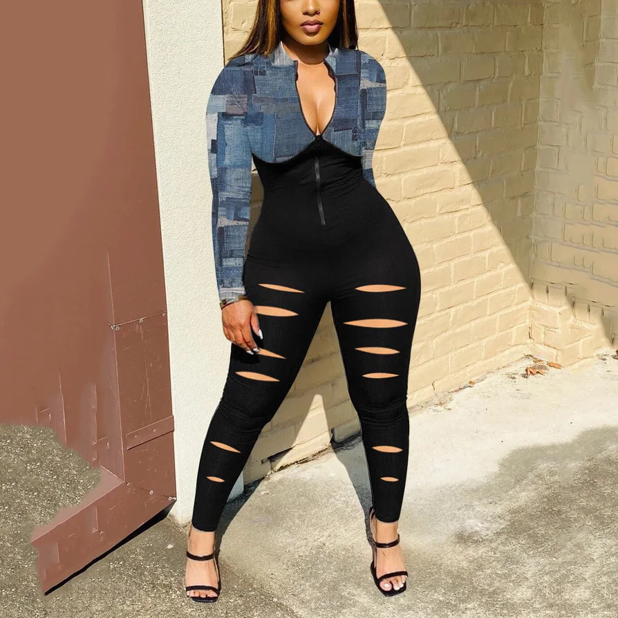 

2020 New Autumn Winter Jumpsuits With Sleeve Patchwork Deep v Neck Hole Sheath High Waist Sexy Night Club Rompers Jumpsuits Hot