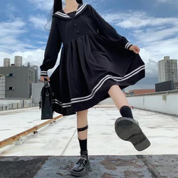 Vestido feminino estilo japonês escuro, uniforme escolar de meninas, manga comprida, plissado com laço alto