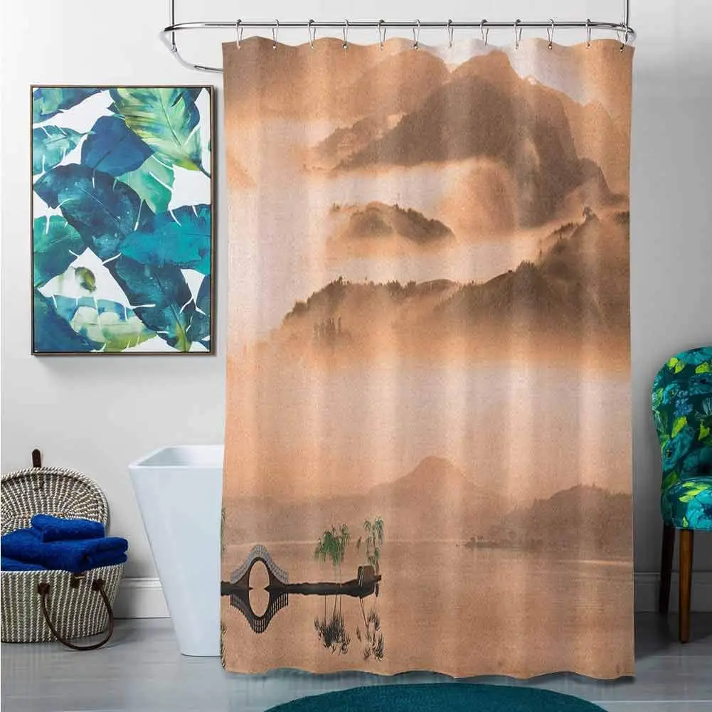 

Shower Curtains Cactus Art,Chinese Lake Landscape Before Majestic Foggy Mountains in Mist Clouds Dramatic Hill View, Peach,W69 x