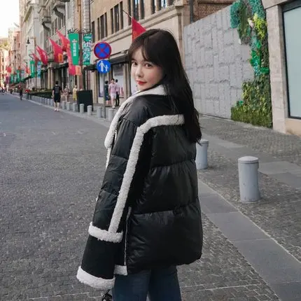 New Women Silver Jacket Lambswool Fur one Down Jackets Fashion Glossy Stand Collar Cotton Coat Women Winter Warm Outerwear - Цвет: black