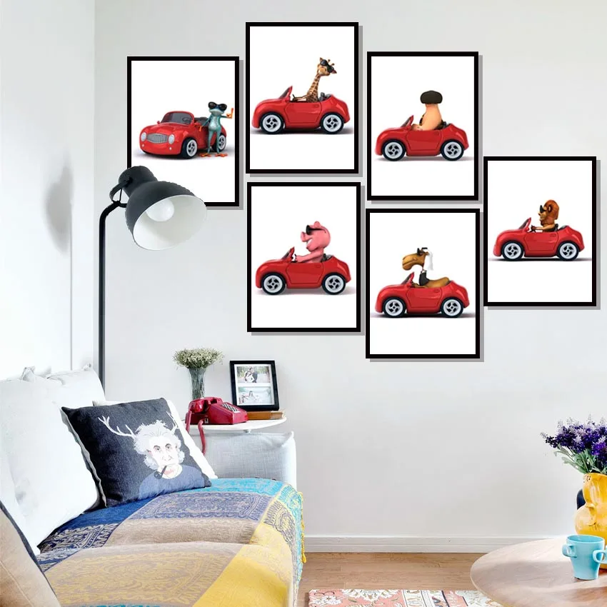 Картина на холсте с забавным львом ламой жирафом лягушкой автомобилем без рамки