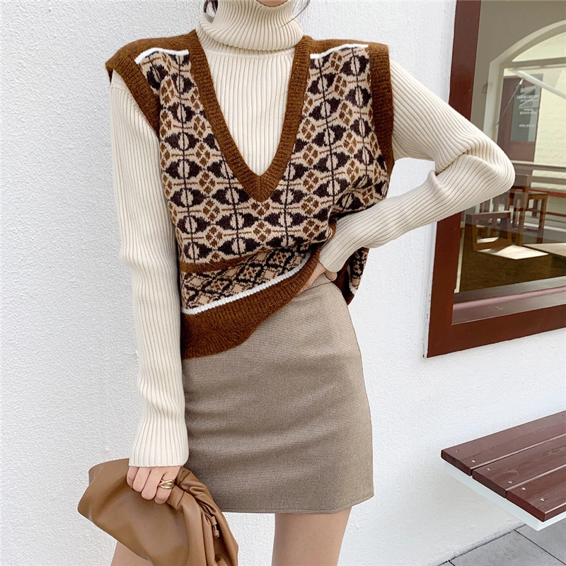 

Retro V-Neck Knit Vests Female Fashion Spring New Sleeveless Pullover Loose Sweaters Vest Wild Casual Plaid Women Vest Knitwear