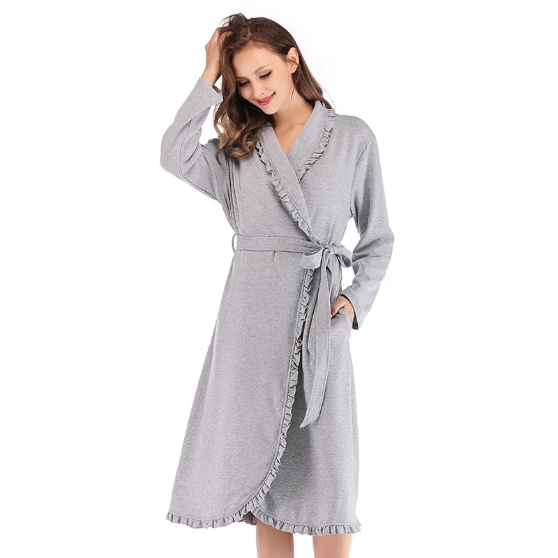 Design Women Sleepwear Elegant Kimono Robe Ladies Winter Autumn Casual Bathrobe Loose Ruffle Soild Bathroom Spa Robes For Women