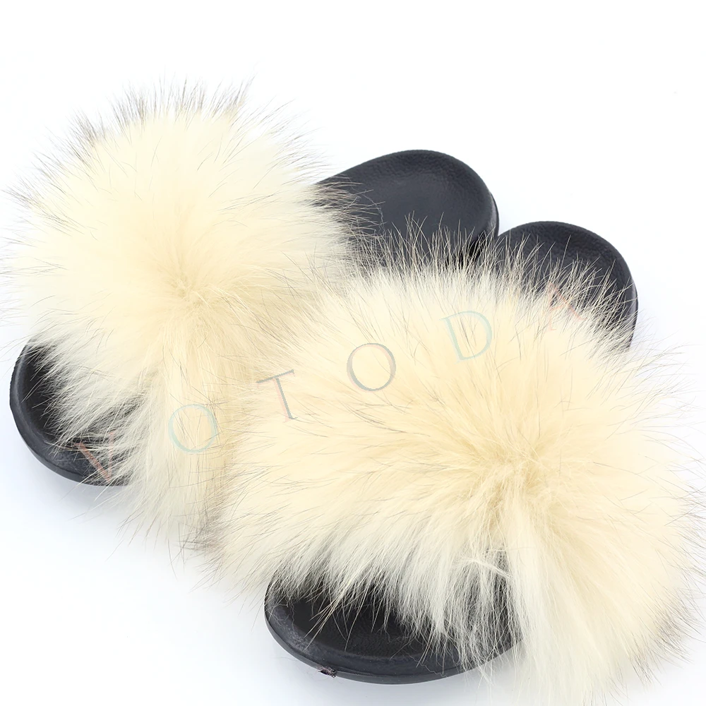 Summer Women Fur Slippers Fluffy Raccoon Fox Fur Slides Female Furry Outside Flat Flip Flop Ladies Rainbow Slip On Sandals for slippers sandals shoes,slippers sandals,female slippers,fur slippers