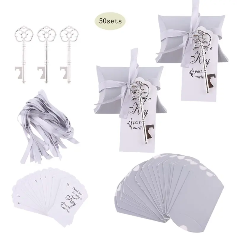 50 Sets Wedding Party Key Bottle Opener with Tag Paper Candy Bag Ribbon Souvenir Gifts