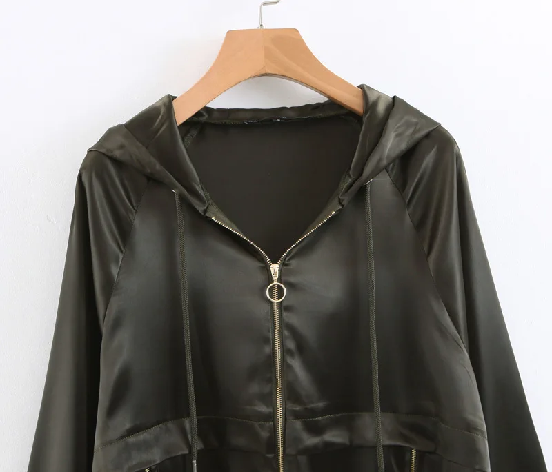 

B6523-Western Style WOMEN'S Dress 2019 Spring New Style Satin Textured Zipper Hooded Jacket Coat Women's