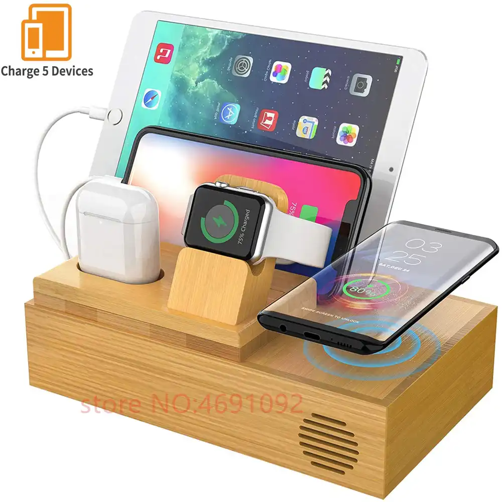 Bamboo Dock Station Wireless Fast Charging For Watch Stand Phone