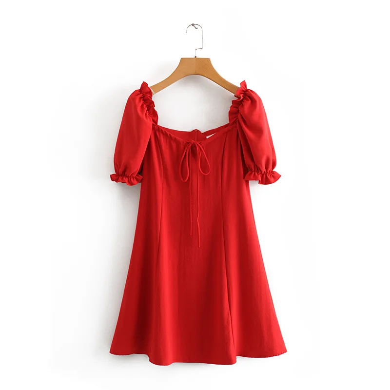 

2019 Western Style Spring And Summer WOMEN'S Dress New Style Red Lotus Leaf Bandage Cloth Short-sleeve Dress