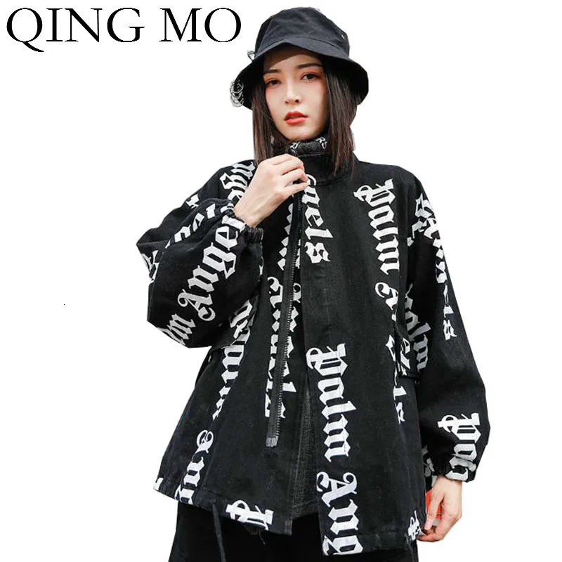 QING MO, зимняя женская джинсовая куртка, Женская куртка с буквенным принтом, пальто, женская уличная одежда, свободная верхняя одежда со стоячим воротником, ZQY2453