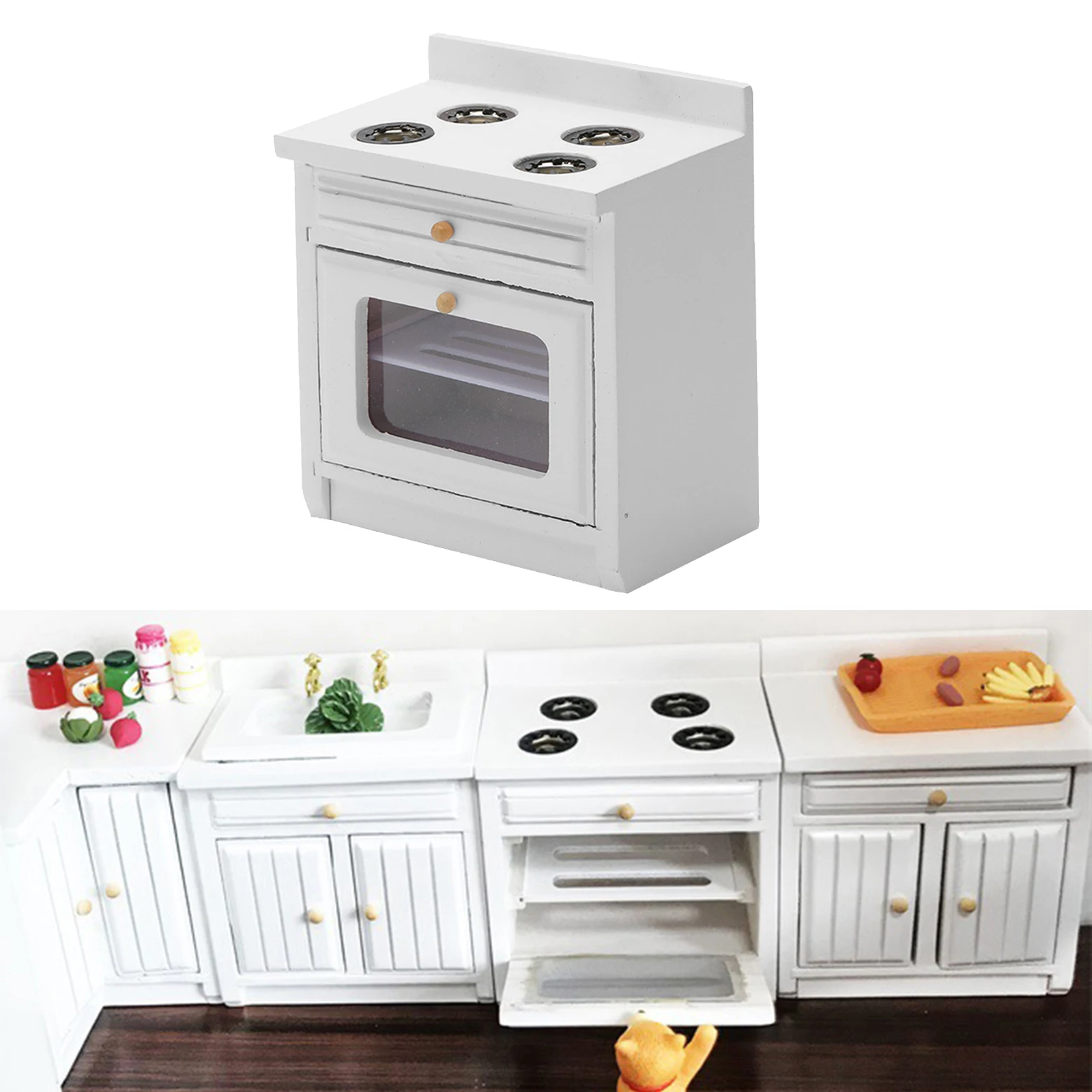 1:12 Dollhouse Miniature Kitchen Full Deluxe Birch Wood Kitchen Cooking Cabinet Stove Modern Furniture DIY Supplies