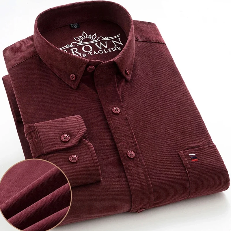 Cotton Shirt Long Sleeve Shirt Cotton Plus Size 7XL Corduroy Mens Casual Long Sleeve Regular Fit Business Dress Shirts For Male Comfortable Pocket