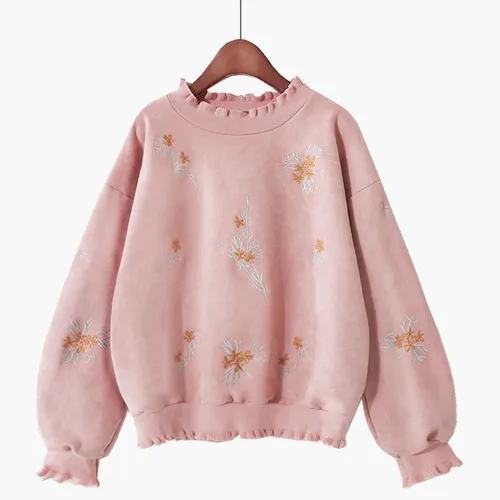 skin pink embroidery Neploe осень зима вышивка цветочный свитер свободный длинный рукав гофрированный воротник толстовки корейские замшевые пуловеры Топ 56713 - Цвет: skin pink embroidery