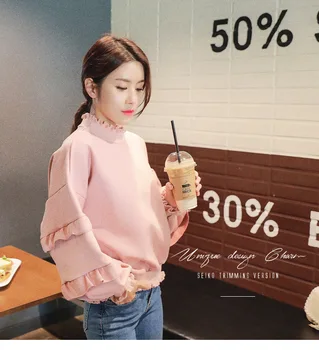 

Korea Women Sweatshirt New Style Suede Pullover Fashion Winter 100% Cotton Lotus Leaf Comfortable Soft Tops Women Lantern Sleev