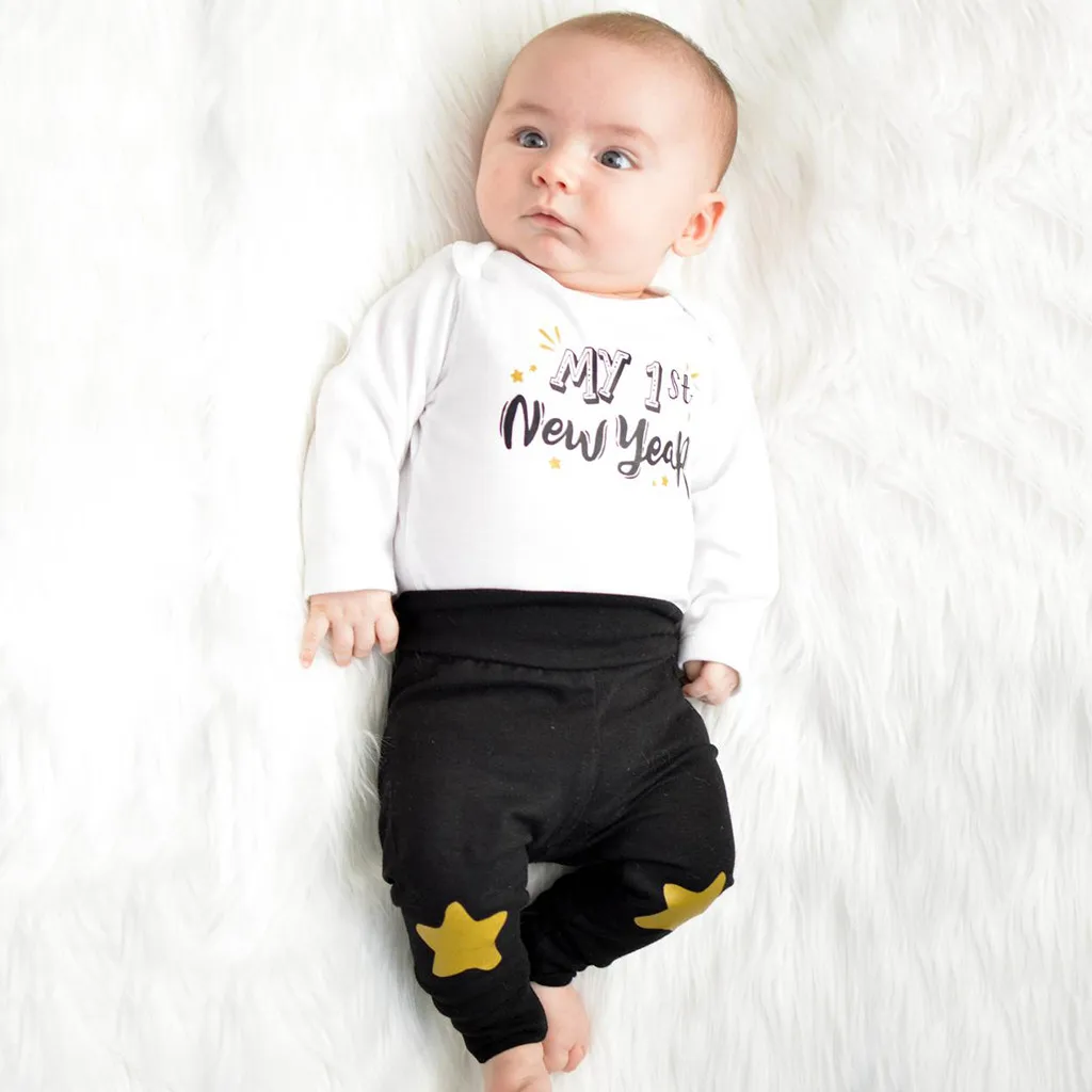 Infant Baby Girl Boy Halloween Clothes Outfit 4PCS Set Letter Print Romper+Grid Print Pants+Hat+Headbands 0-2T