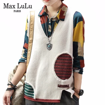 

Max LuLu 2020 New Spring Korean Fashion Designer Ladies Loose Sweaters Womens Casual Patchwork Vests V Neck Streetwear Plus Size