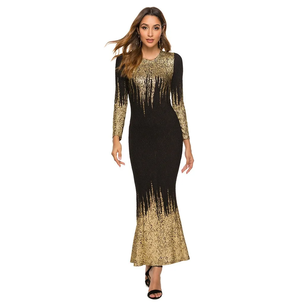 Vestidos robe hiver femme платья размера плюс женские вечерние платья с круглым вырезом и длинным рукавом золотого и серебряного цвета с принтом sukienki