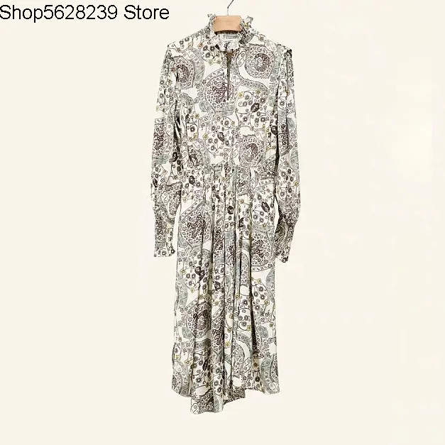 

Isa~2020 Early Auricularia Auricularia Collar Lantern Sleeve Printing Long Money Women's Wear Dress 20002