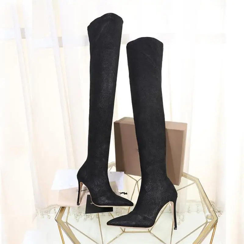 Zapatos De Mujer; коллекция года; зимние женские высокие сапоги с острым носком; сетчатая Черная женская обувь на высоком каблуке; Botas Largas Dama